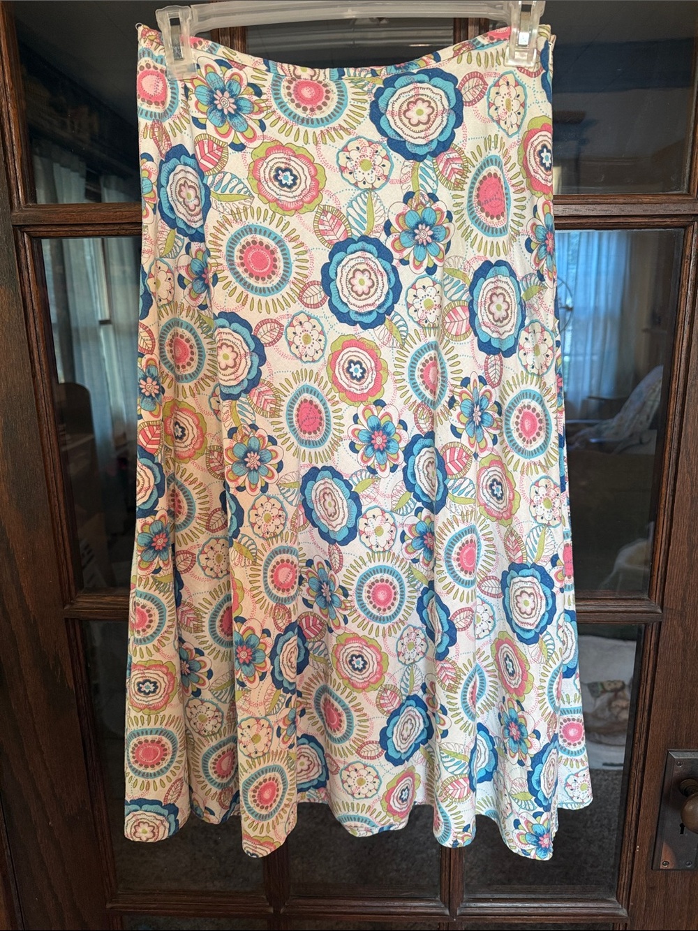 Christopher & Banks Linen Blend Floral Paisley A-Line Midi Skirt Blue Pink 10
